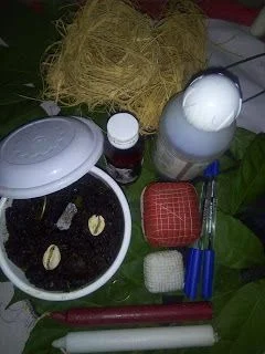 Kola, cauris, bougies et plantes réunis pour un rituel