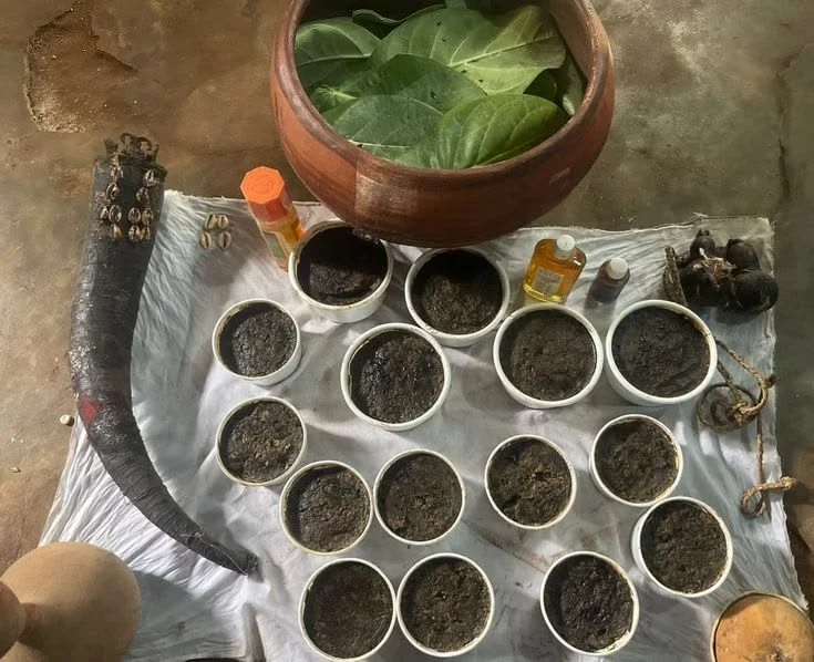Savons à base de plantes en préparation, cauris et corne rituelle